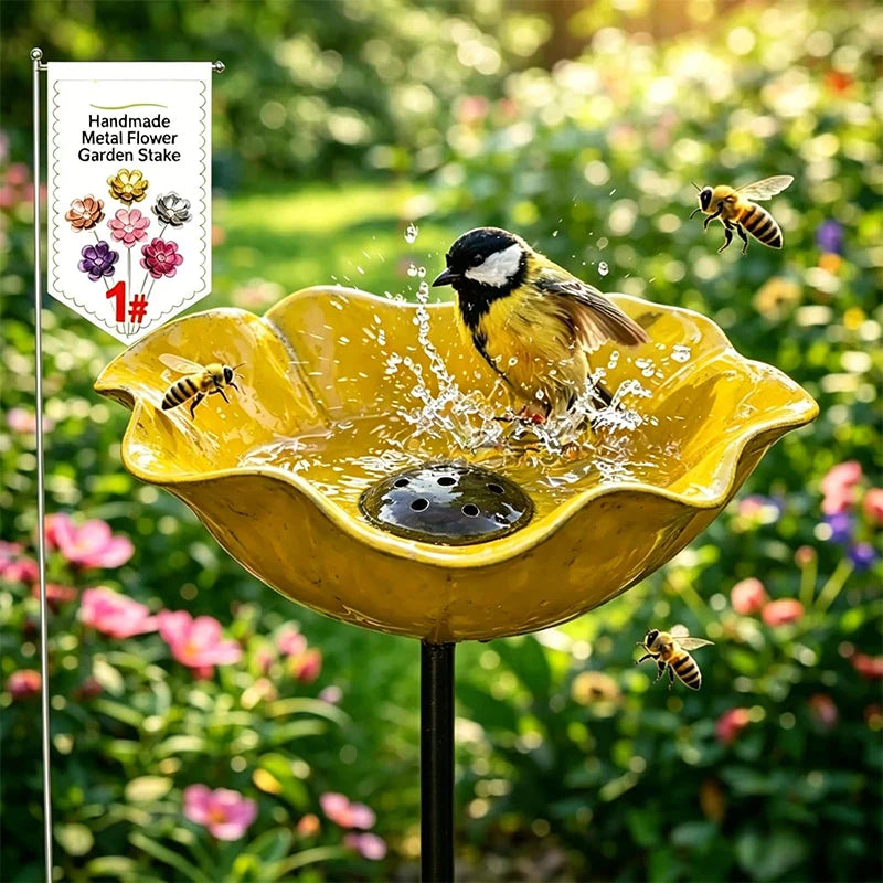 A yellow flower-shaped outdoor bird bath with a plug-in installation is being visited by bees in a garden setting.