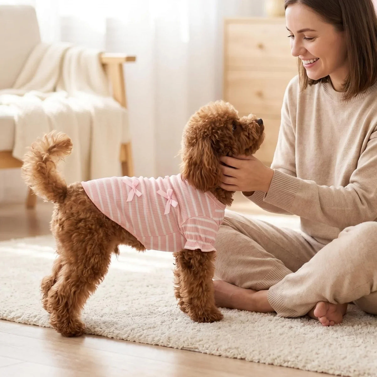 A woman is gently holding a fluffy brown dog wearing a pink and white striped bow shirt on a light rug.