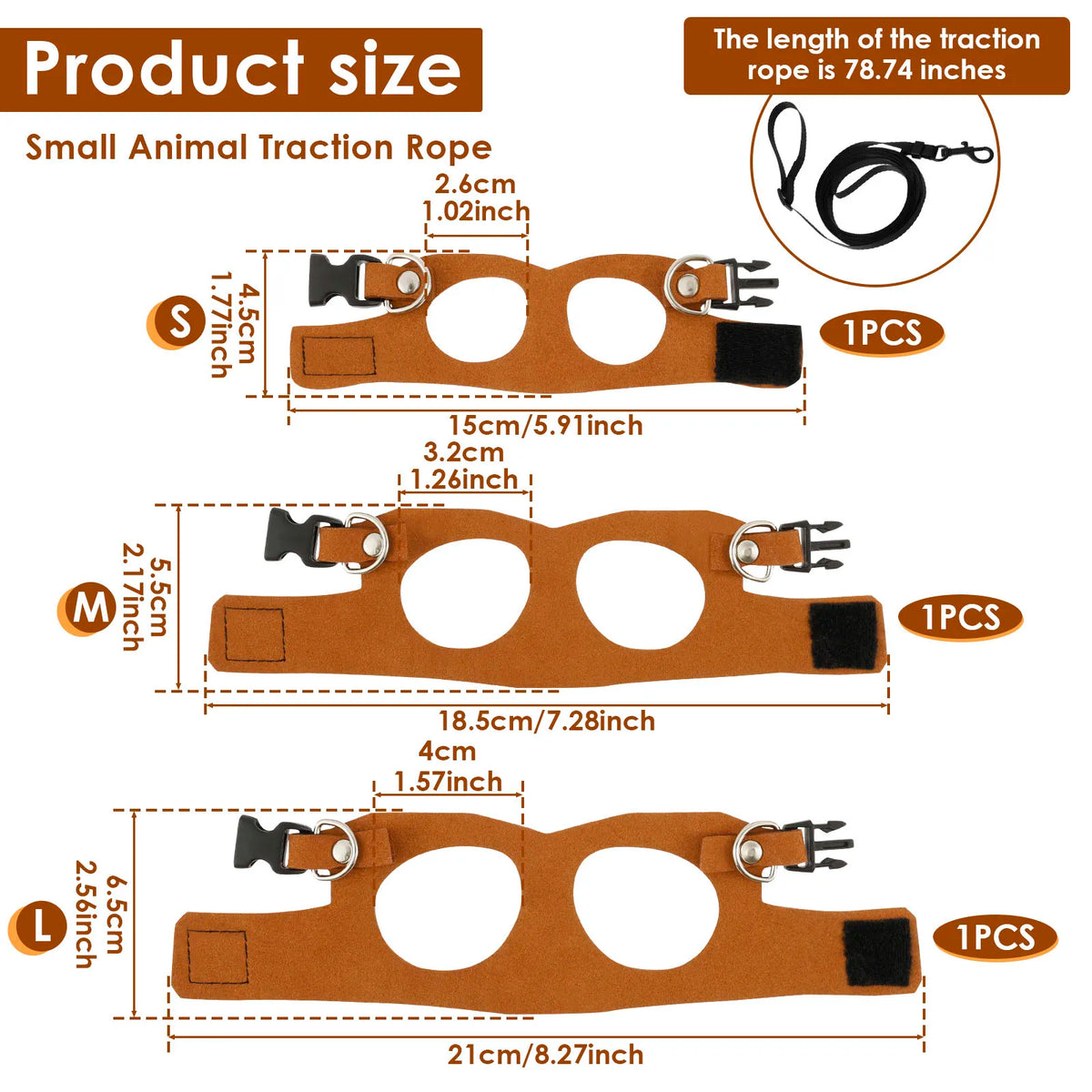 Three sizes of soft leather animal traction rope harnesses and leashes shown with dimensions.