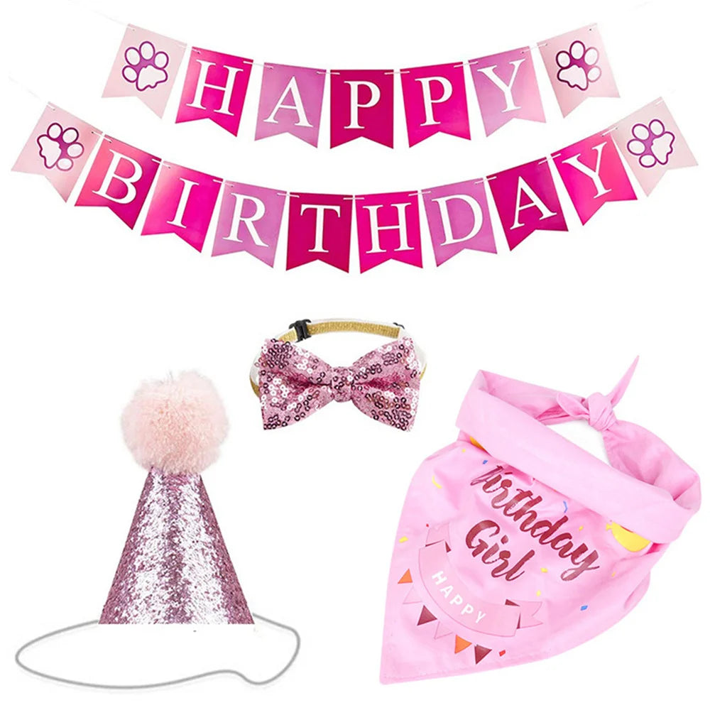 Pink birthday banner and a pink birthday girl bandana with glitter details