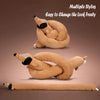 Multiple styles of a tan plush toy shaped like a dachshund for dogs and kids