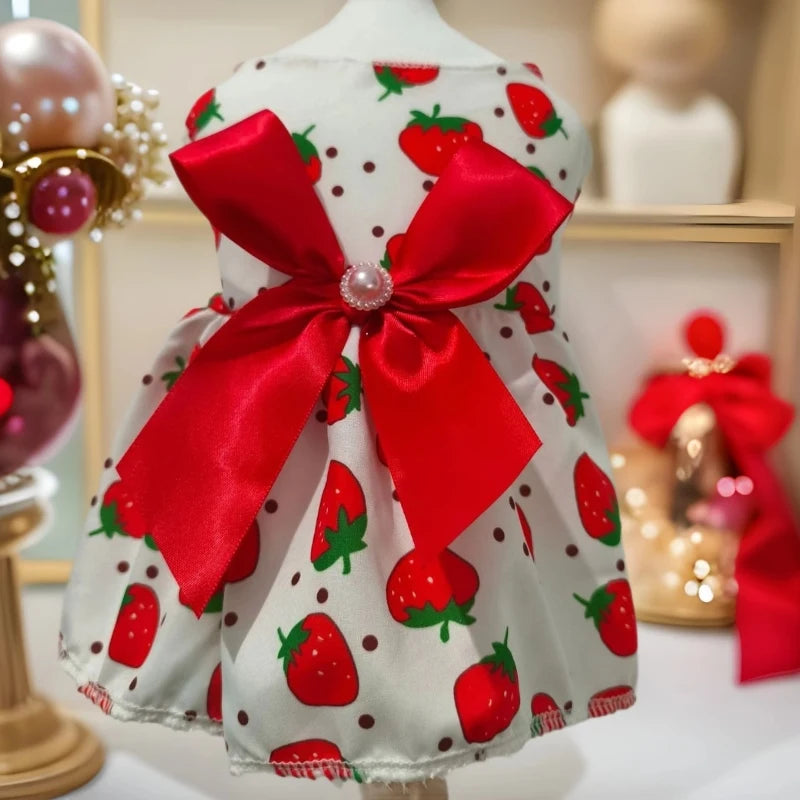 White dog dress with red strawberries and a large red bow displayed on a mannequin.