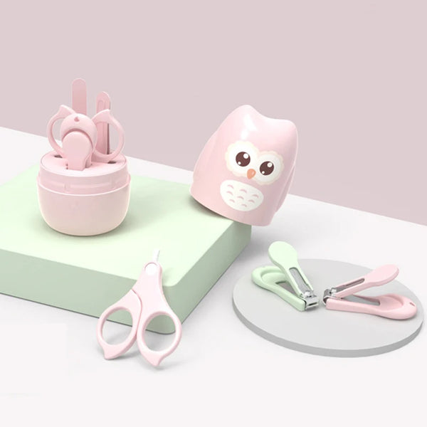 A pink kids portable nail care set featuring a storage container and small pink nail clippers.