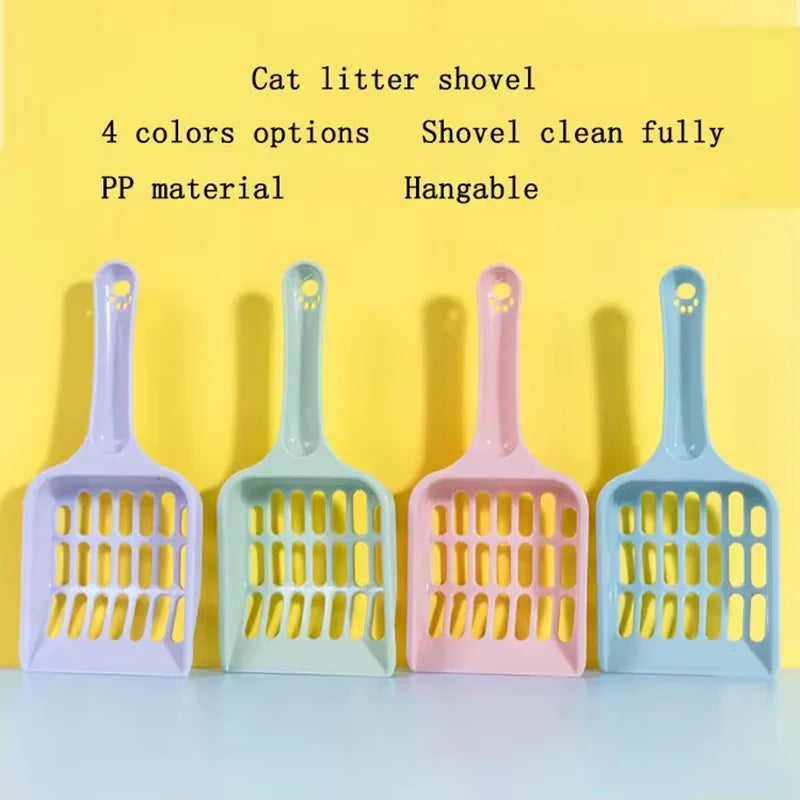 Four colored PP material cat litter shovels displayed in a row against a yellow background.
