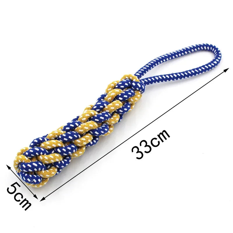 A braided cotton rope dog toy set featuring carrot and dumbbell shapes, measuring 33cm long.