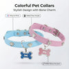 A pink pet collar and blue pet collar with metal paw studs and glitter bone pendants.
