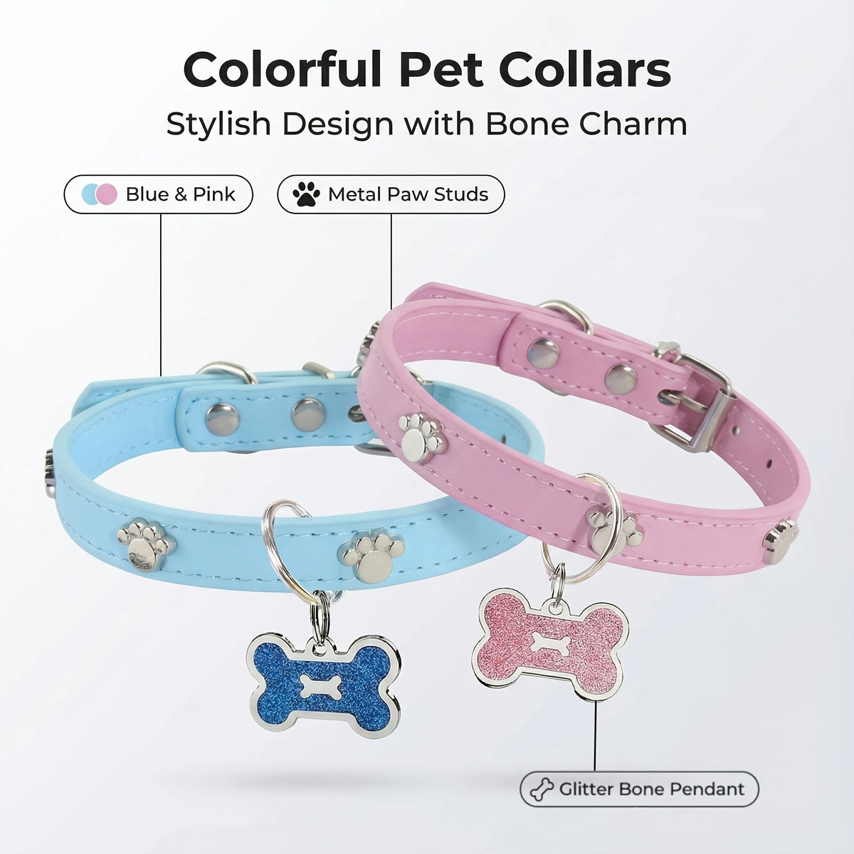 A pink pet collar and blue pet collar with metal paw studs and glitter bone pendants.