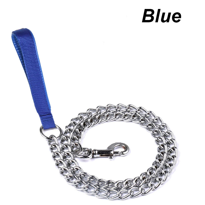Blue heavy-duty anti-chew metal dog leash with a soft handle and chain link.