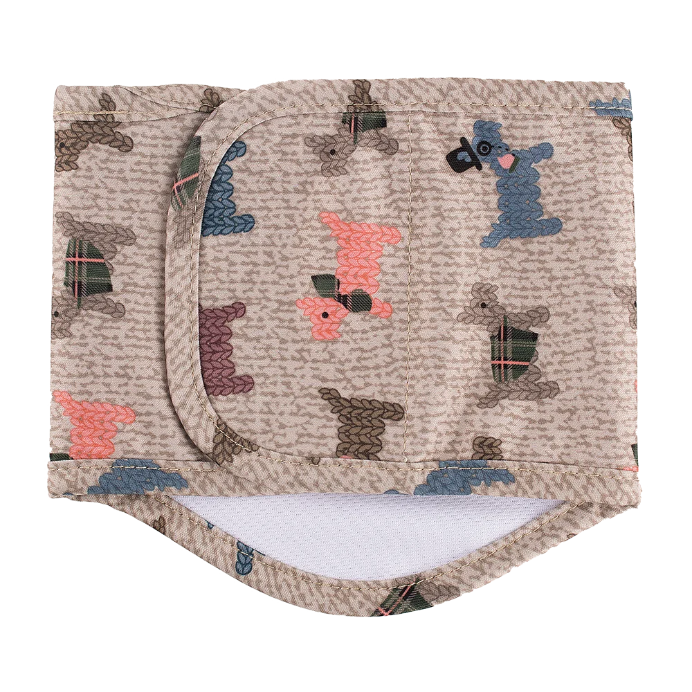 A reusable male dog sanitary pants featuring a patterned fabric with various dog-themed designs.