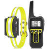 A yellow dog bark collar and remote control are shown together.