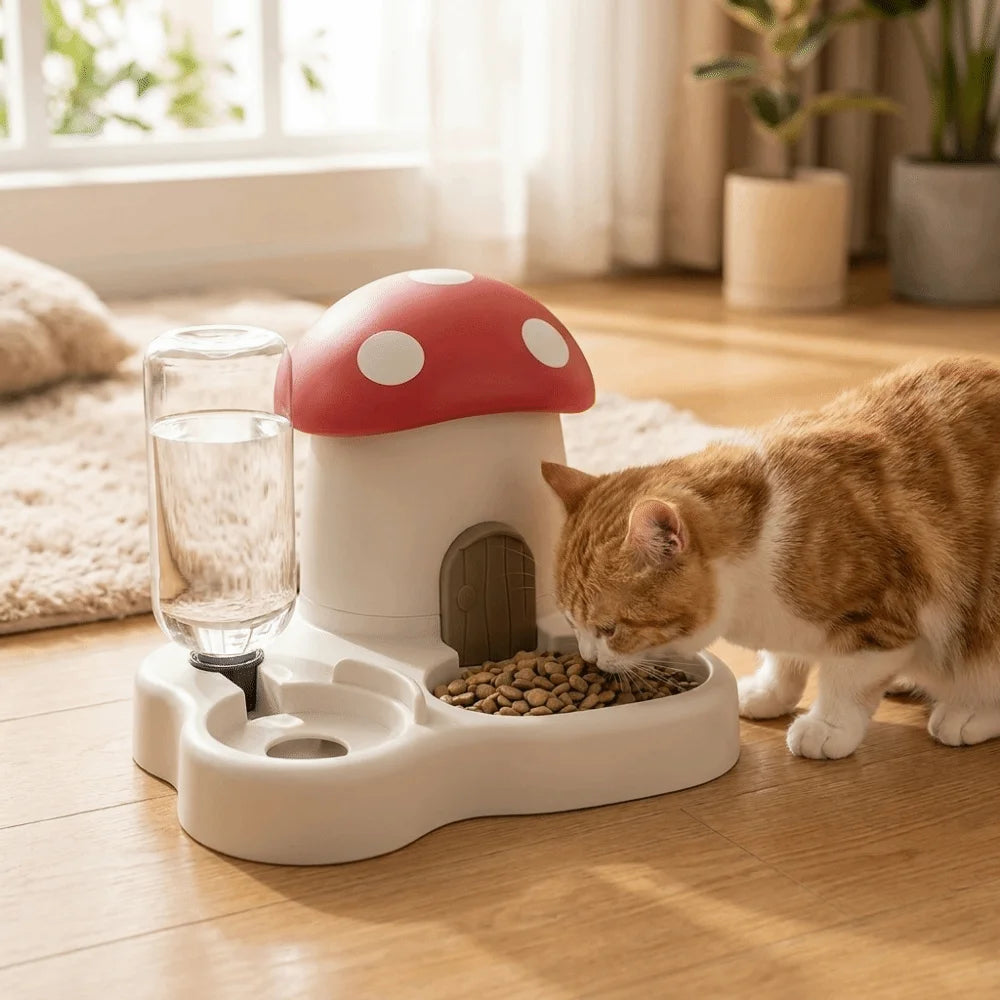 A small, white mushroom-shaped feeder dispenses food and water for a cat on a wooden floor.