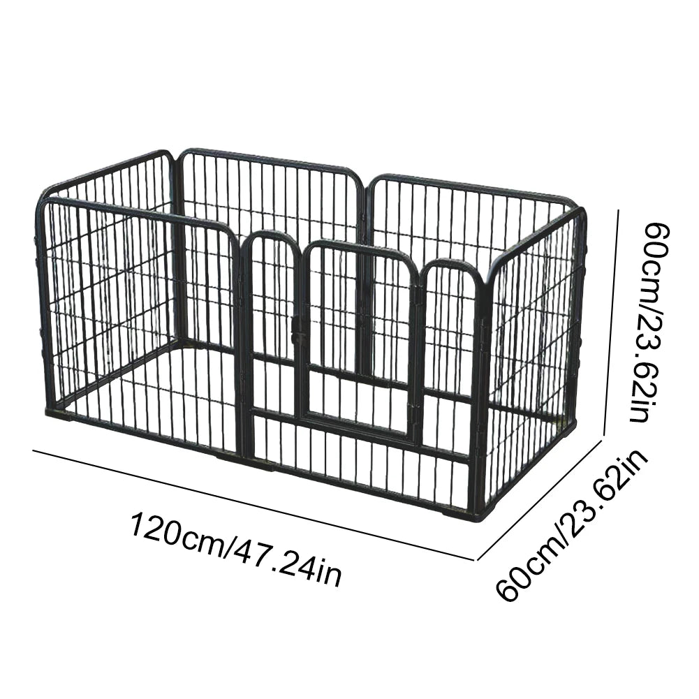 Black foldable pet playpen with a rectangular enclosure and vertical bars.