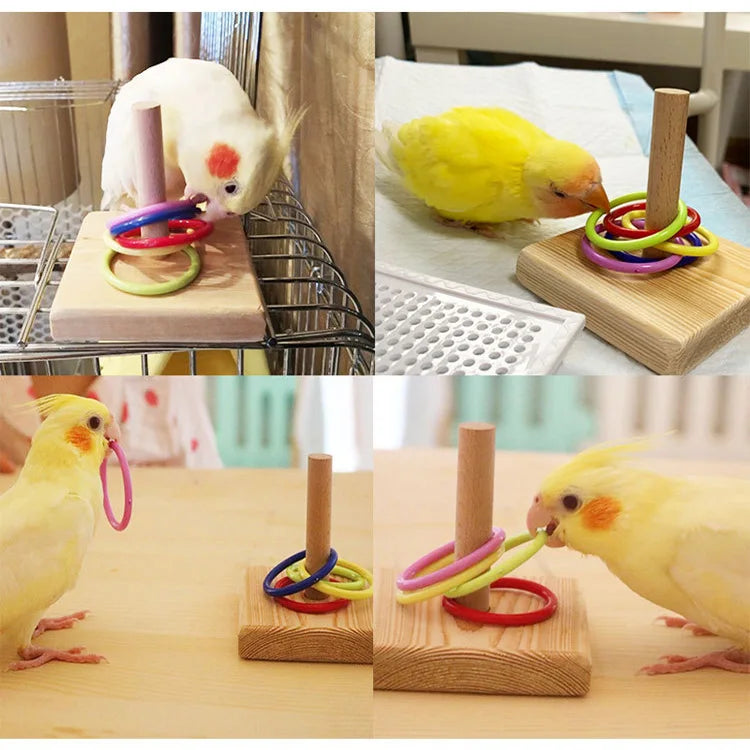 Wooden bird puzzle toy featuring stacking rings for birds
