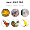An assortment of colorful parrots, including yellow, orange, and grey species, are shown on a wooden perch stand.
