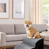 A fluffy orange dog is sitting on a gray memory foam pet ramp indoors next to a sofa.