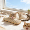 A tabby cat is resting its head on a beige multi-functional cat scratcher mat indoors near a window.