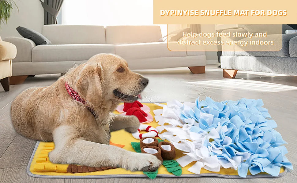A golden retriever lies on a yellow blanket with various toys and fabric pieces for dog sniffing training.