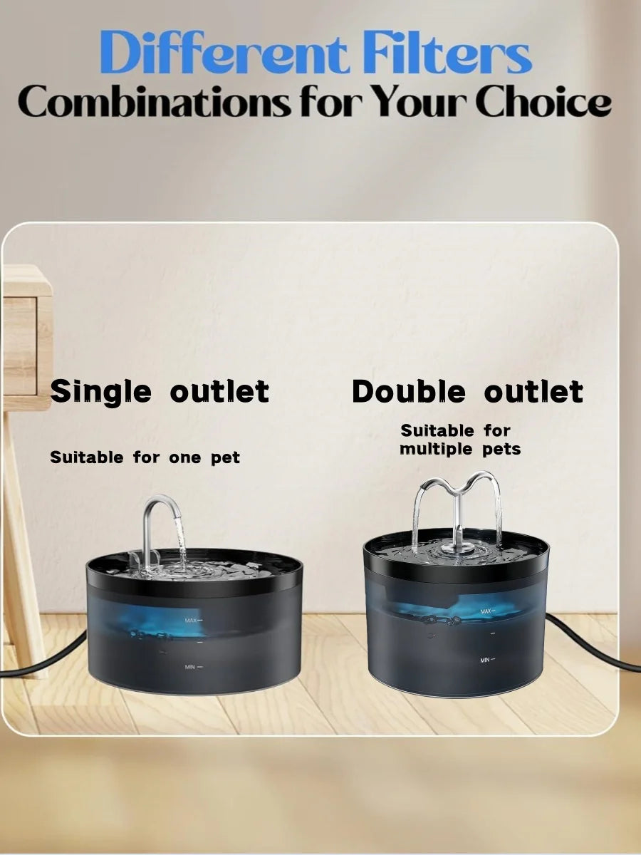Two automatic pet water fountains, one single outlet and one double outlet, are displayed on a wooden surface.