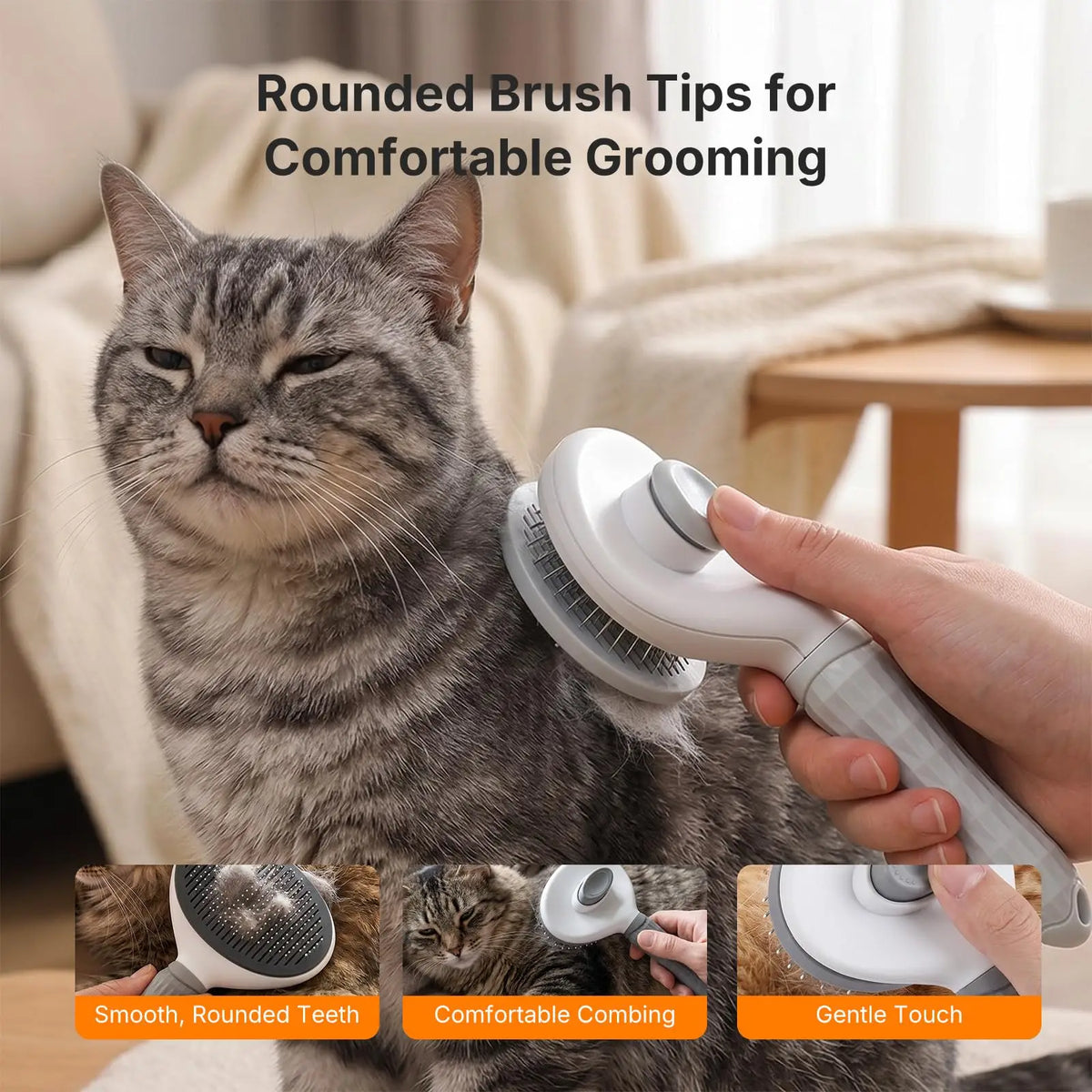 A cat is shown next to a hand using a rounded brush tip for grooming, demonstrating smooth teeth and gentle touch.