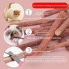 Diagramm mit Anleitungen zur Verwendung natürlicher hölzerner Kaugummisticks für Katzen, einschließlich Fütterungsempfehlunge