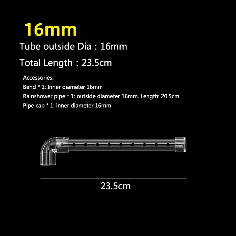 A transparent acrylic spray bar with a 16mm tube outside diameter and a total length of 23.5cm.