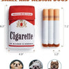 A set of three dog toys for puppies, small, and medium dogs shown next to a red and white cylindrical item.