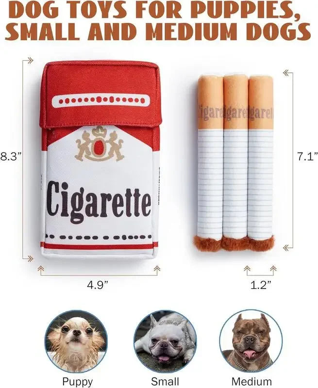 A set of three dog toys for puppies, small, and medium dogs shown next to a red and white cylindrical item.