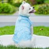 A white dog wearing a light blue ice silk cooling vest, sitting on green grass.
