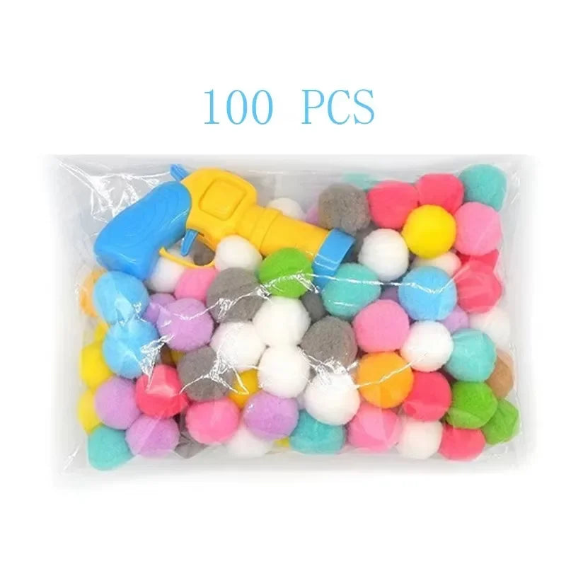 A package containing 100 soft plush balls in various colors and shapes for a cat toy ball launcher.