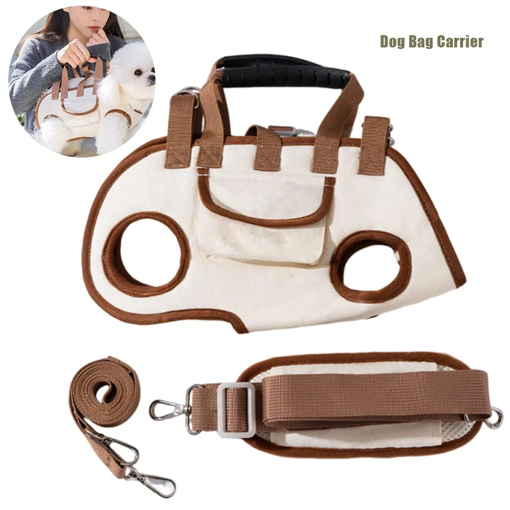 A beige dog bag carrier with brown straps and a padded interior, shown next to an adjustable strap.