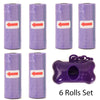A set of six purple reusable pet poop bag dispensers with leash clips.