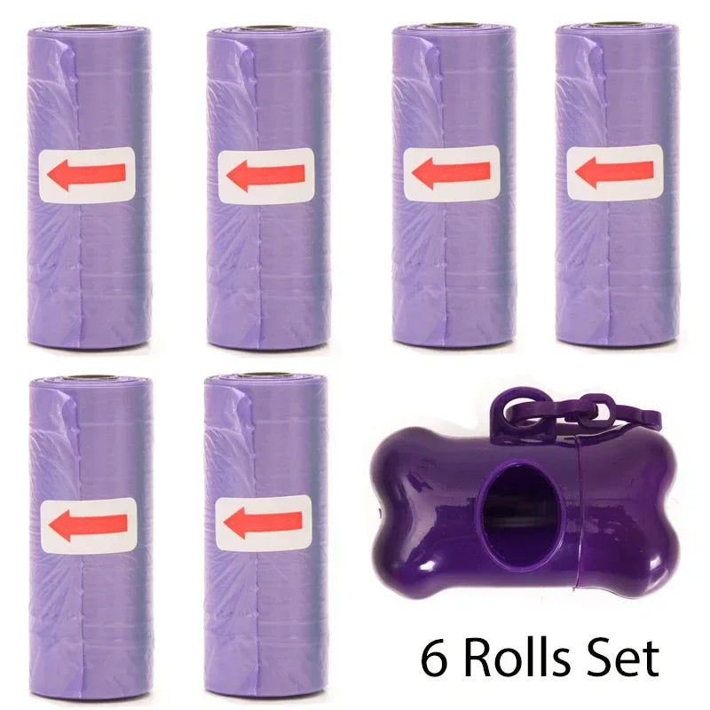 A set of six purple reusable pet poop bag dispensers with leash clips.