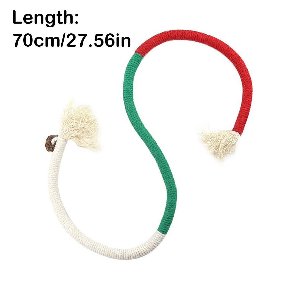 A long, flexible cotton rope toy in red and green colors with fluffy ends.