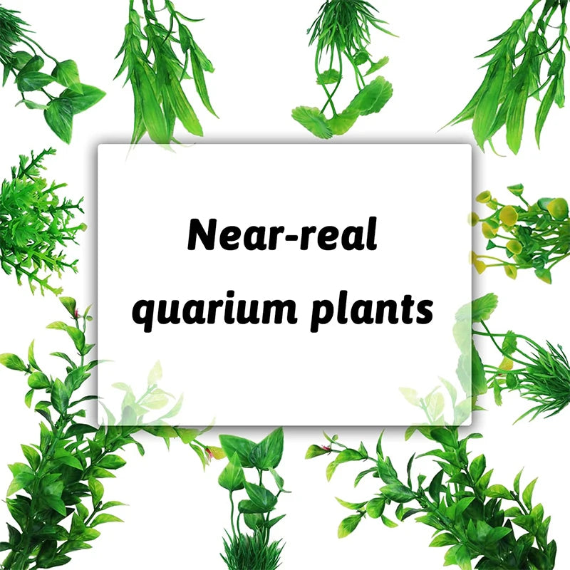 A collection of artificial green aquarium plants and water grass decorations for fish tanks.