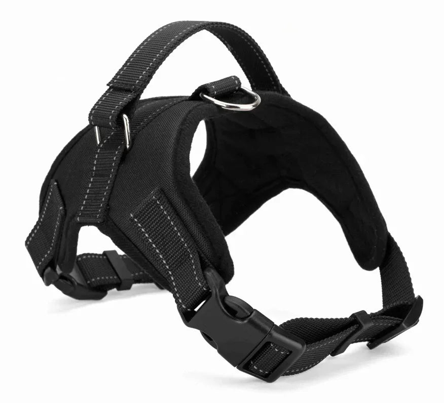 Black adjustable no-pull dog harness with reflective trim and handle