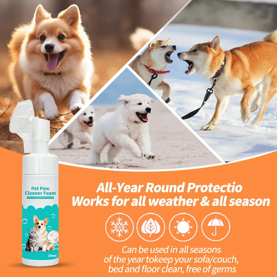 A bottle of Pet Paw Cleaner Foam is shown with images of dogs and cats in various outdoor settings.