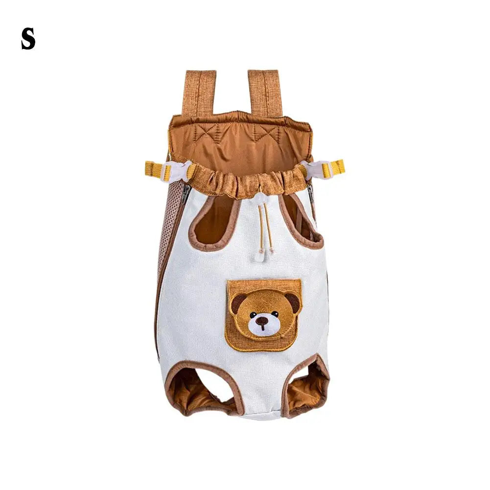 A beige and white breathable cat carrier backpack with a safety leash and brown fabric details.