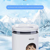 A white cooling hideout for small pets with a stainless steel plate is shown in a snowy mountain landscape.