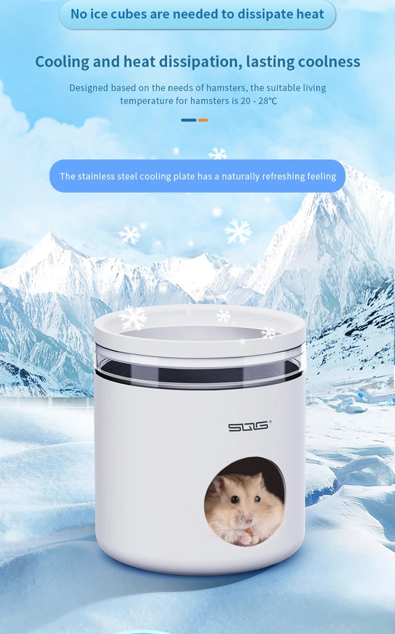 A white cooling hideout for small pets with a stainless steel plate is shown in a snowy mountain landscape.