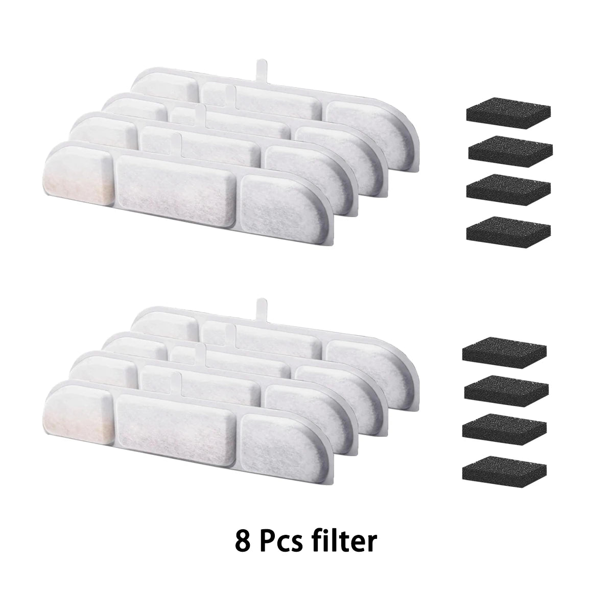 Eight replacement carbon filters for pet water fountains shown in white and black