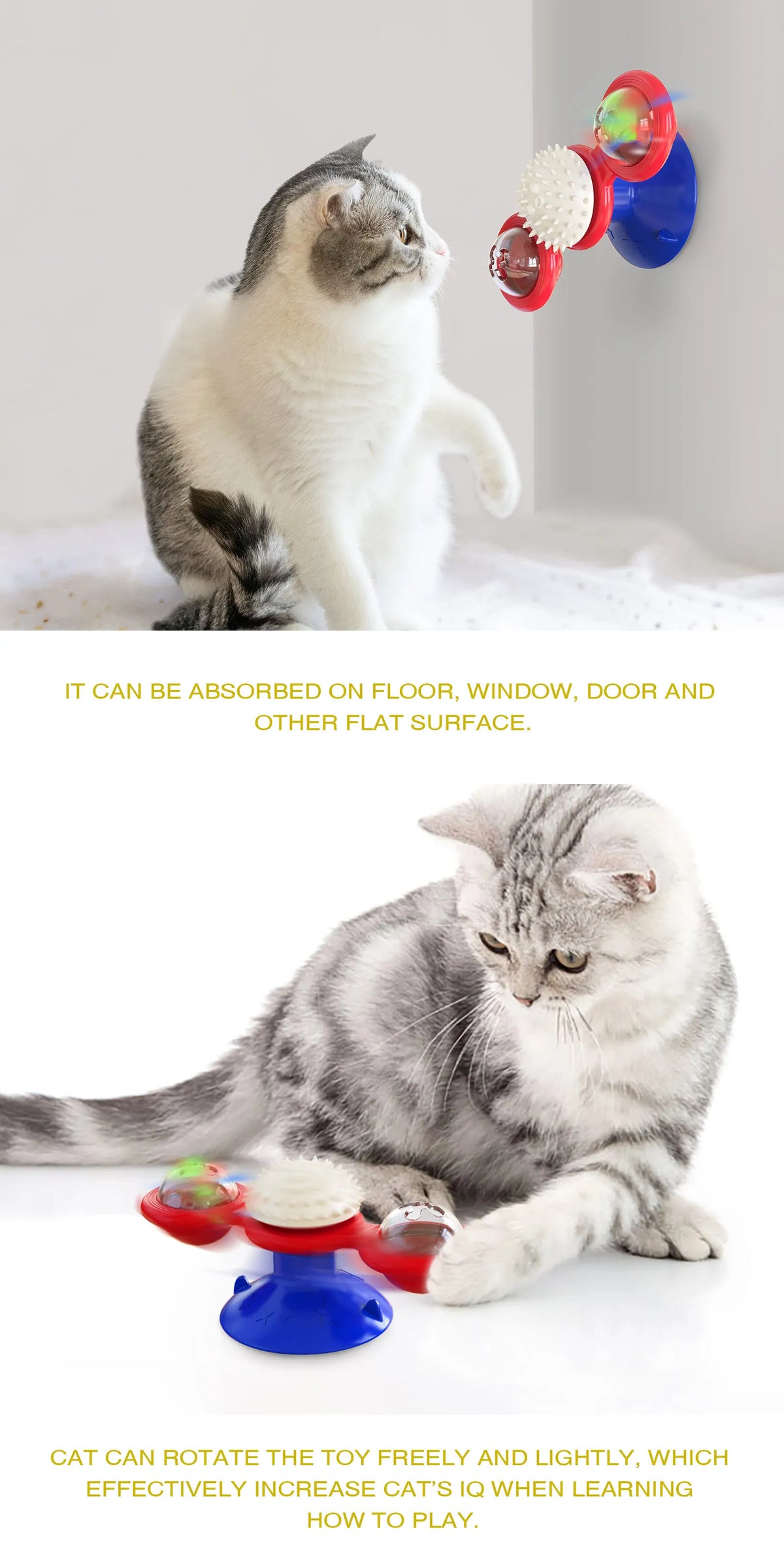 Un chat gris joue avec un jouet tournant en forme de moulin à vent coloré.