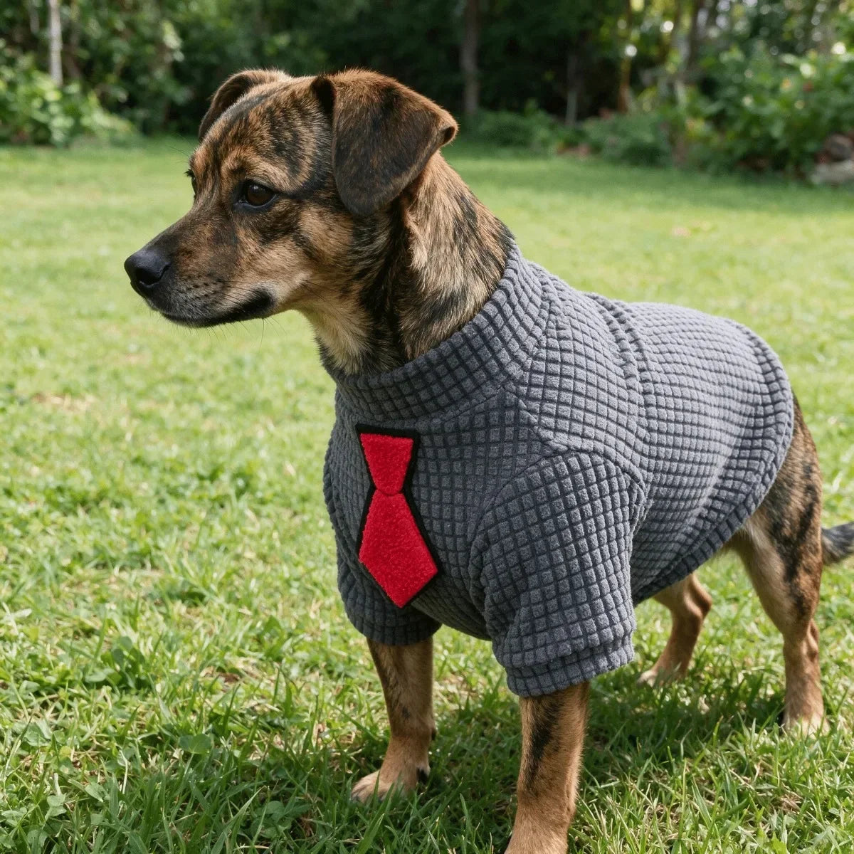 A dog wearing a grey waffle knit shirt with a red tie standing in green grass.