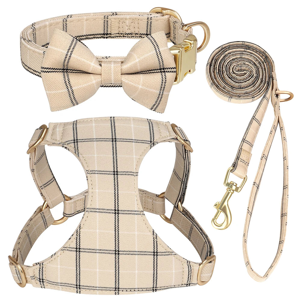 Classic Plaid Dog Collar, Harness & Leash Set with Bowtie