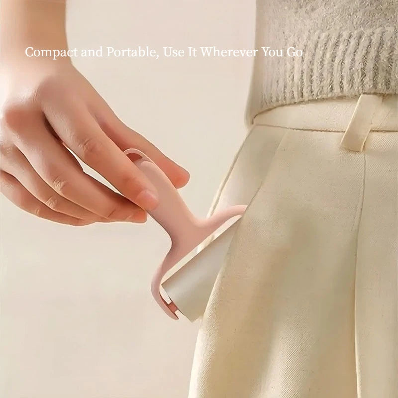 A hand is applying a mini lint roller with replaceable adhesive paper to the pocket area of a light-colored skirt.