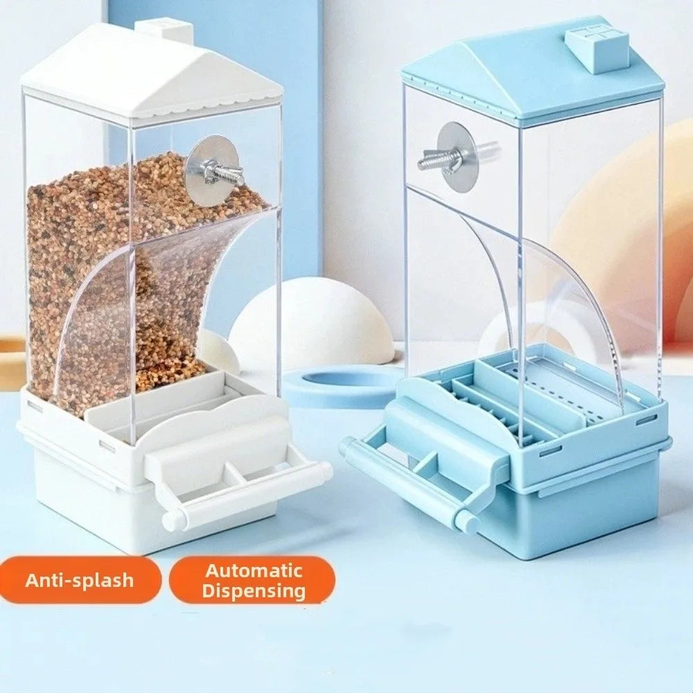 A clear automatic bird feeder with a spill-resistant hanging design is shown in white and light blue.