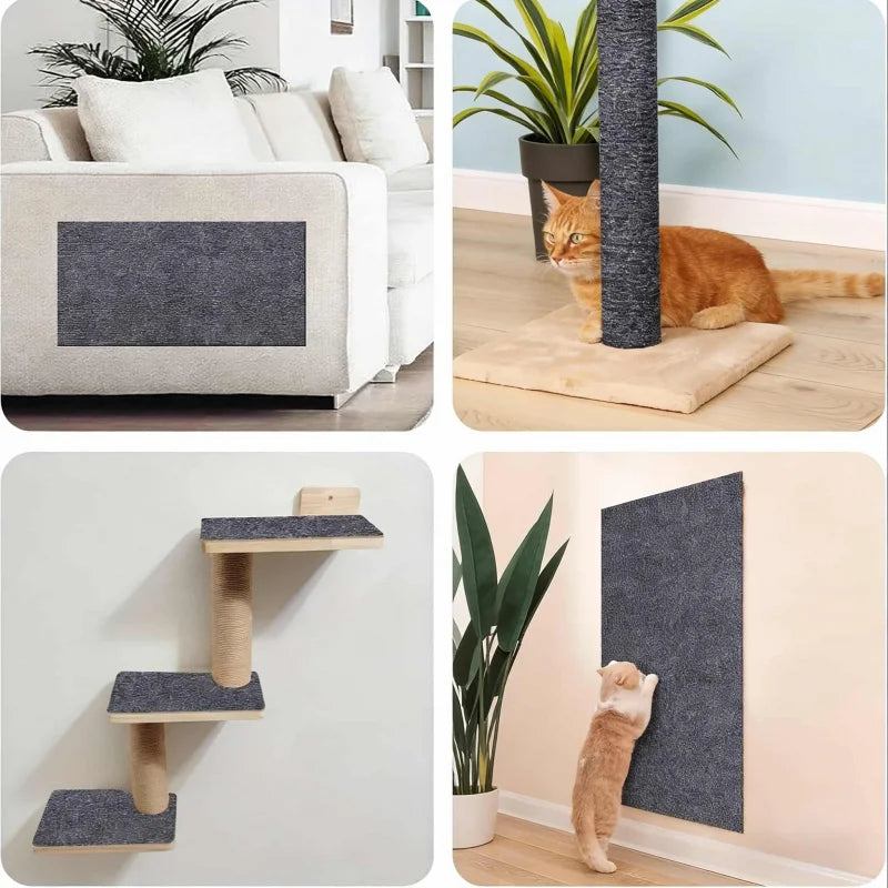 A large gray cuttable self-adhesive sofa protector mat for cats is shown in various applications.