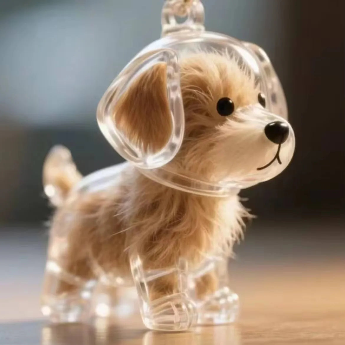 A small, light brown dog figurine encased in a clear plastic pendant for a keychain.