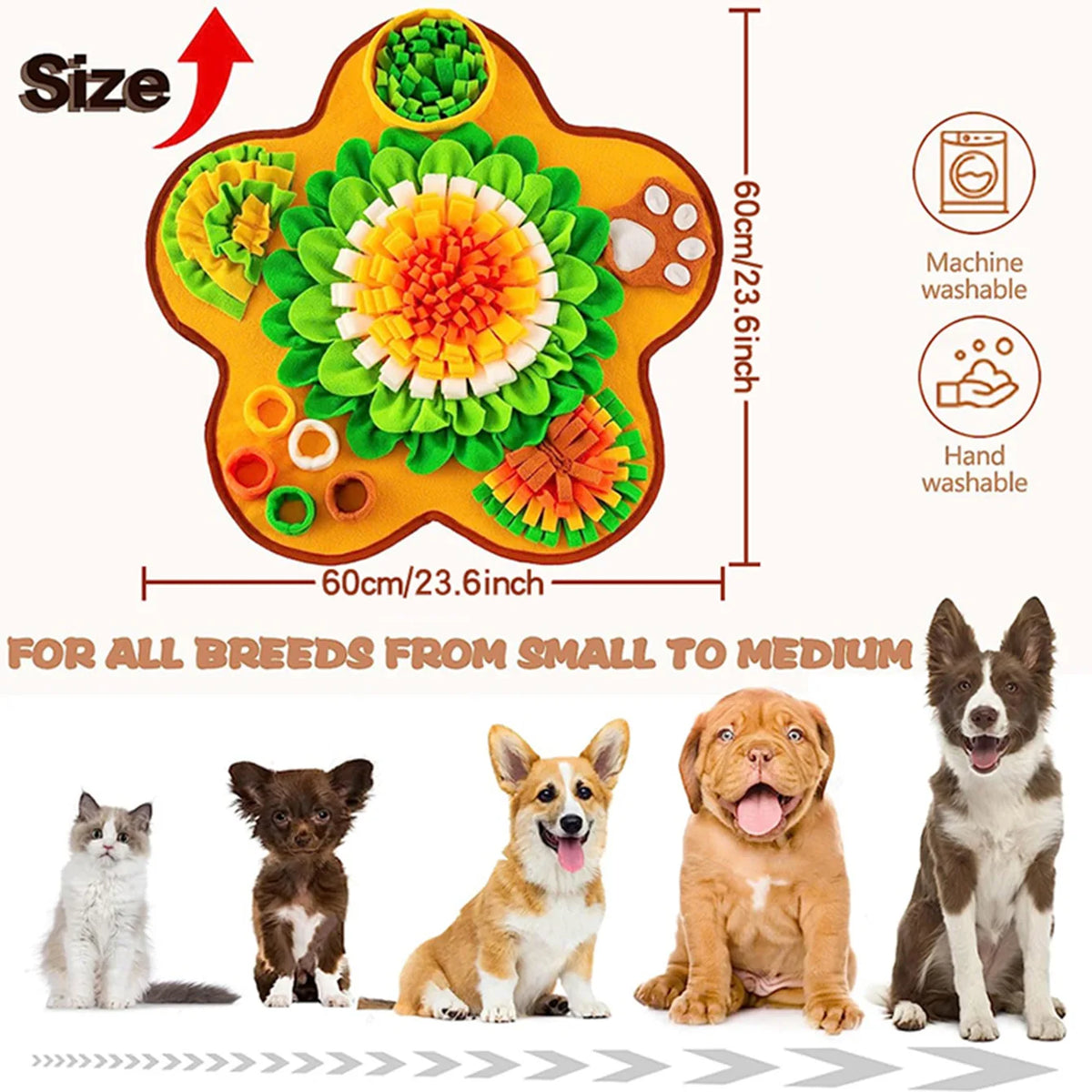 A colorful pet sniffing training blanket designed for dogs, showing various textures and shapes.