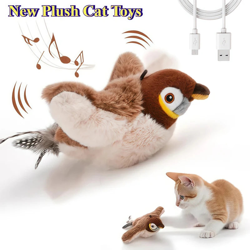 A plush bird cat toy with a cat, featuring sound-making elements and catnip, interacting with a kitten.