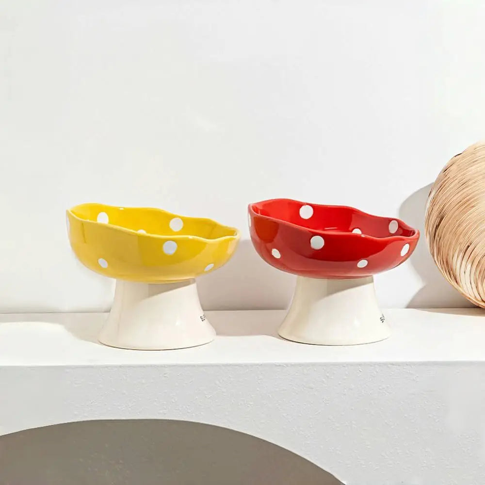 Ceramic Mushroom Cat Bowl with Raised Edge